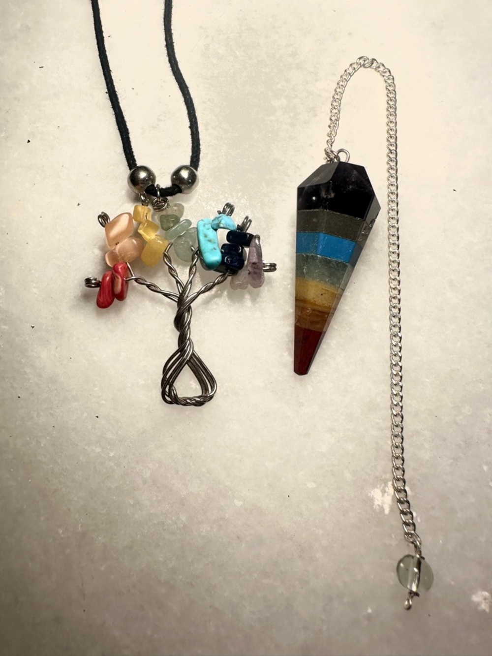 7 Chakra Tree of Life Necklace & Layered Stone Pendulum Set HANDMADE / NEW